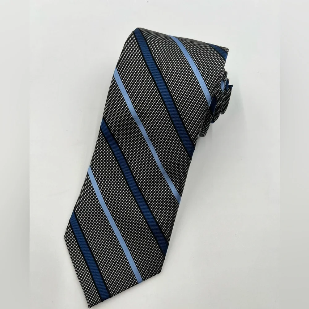 Forsyth Mens Silk Tie Black Blue Diagonal Striped Micro‎ Dot Hand Sewn